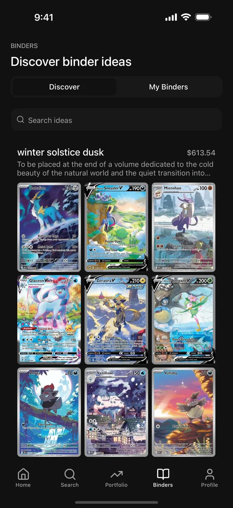BinderDex Discover binder ideas feed showing a curated winter-themed 3x3 page and its live value.