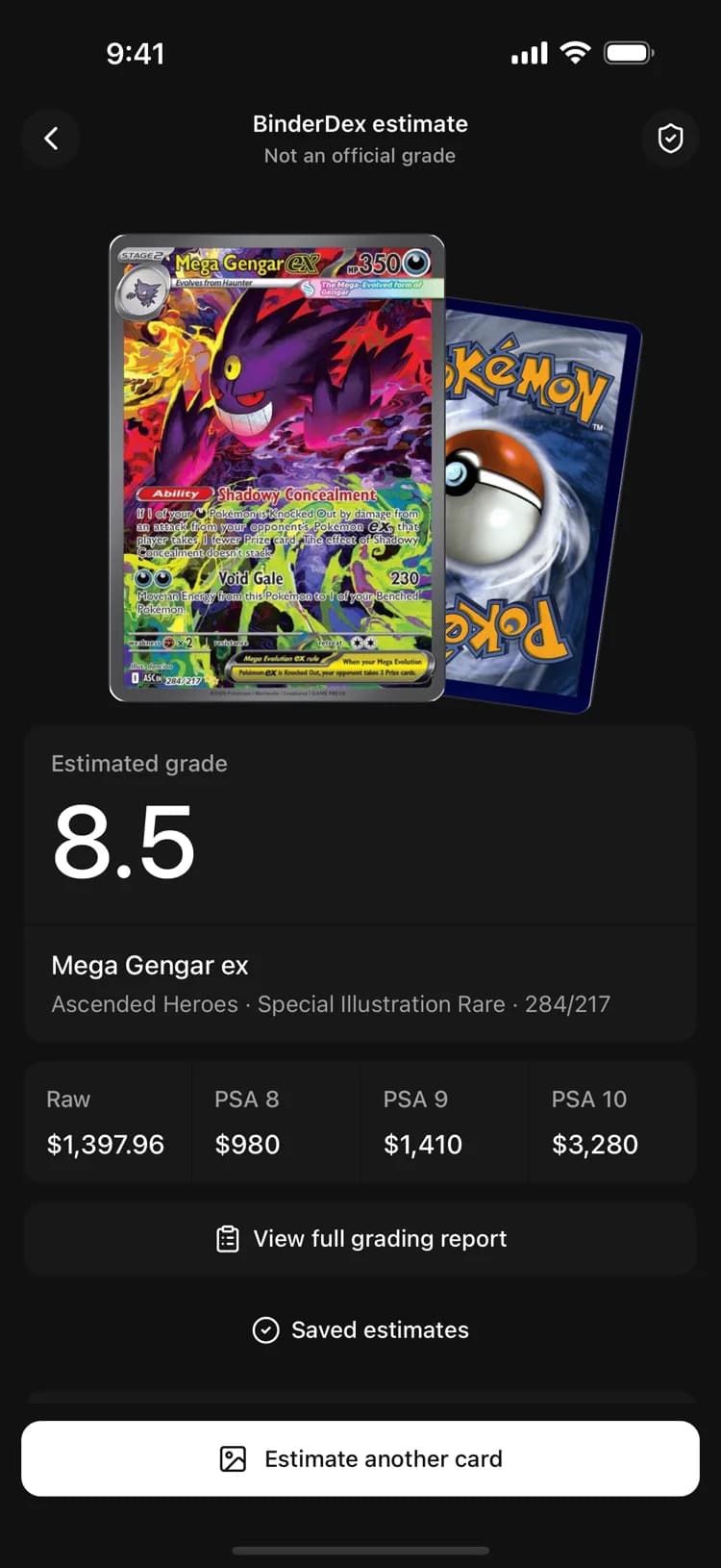 BinderDex grading estimate screen showing an 8.5 estimate with raw and PSA graded values.
