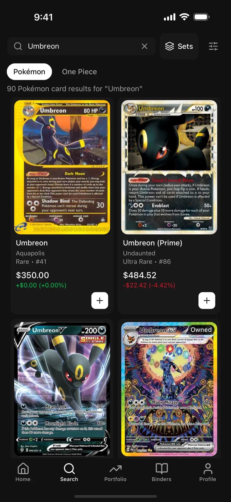 BinderDex search results for Umbreon showing card printings with live prices and price movement.